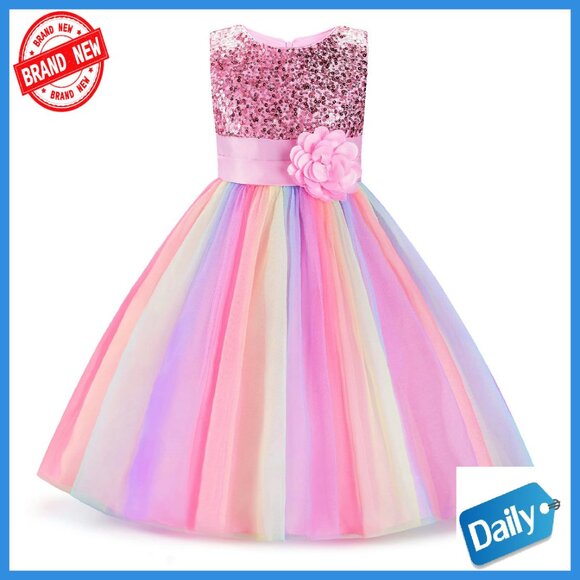 Girls Sequin Sleeveless Mesh Rainbow Dress Wedding Party Special Occasion